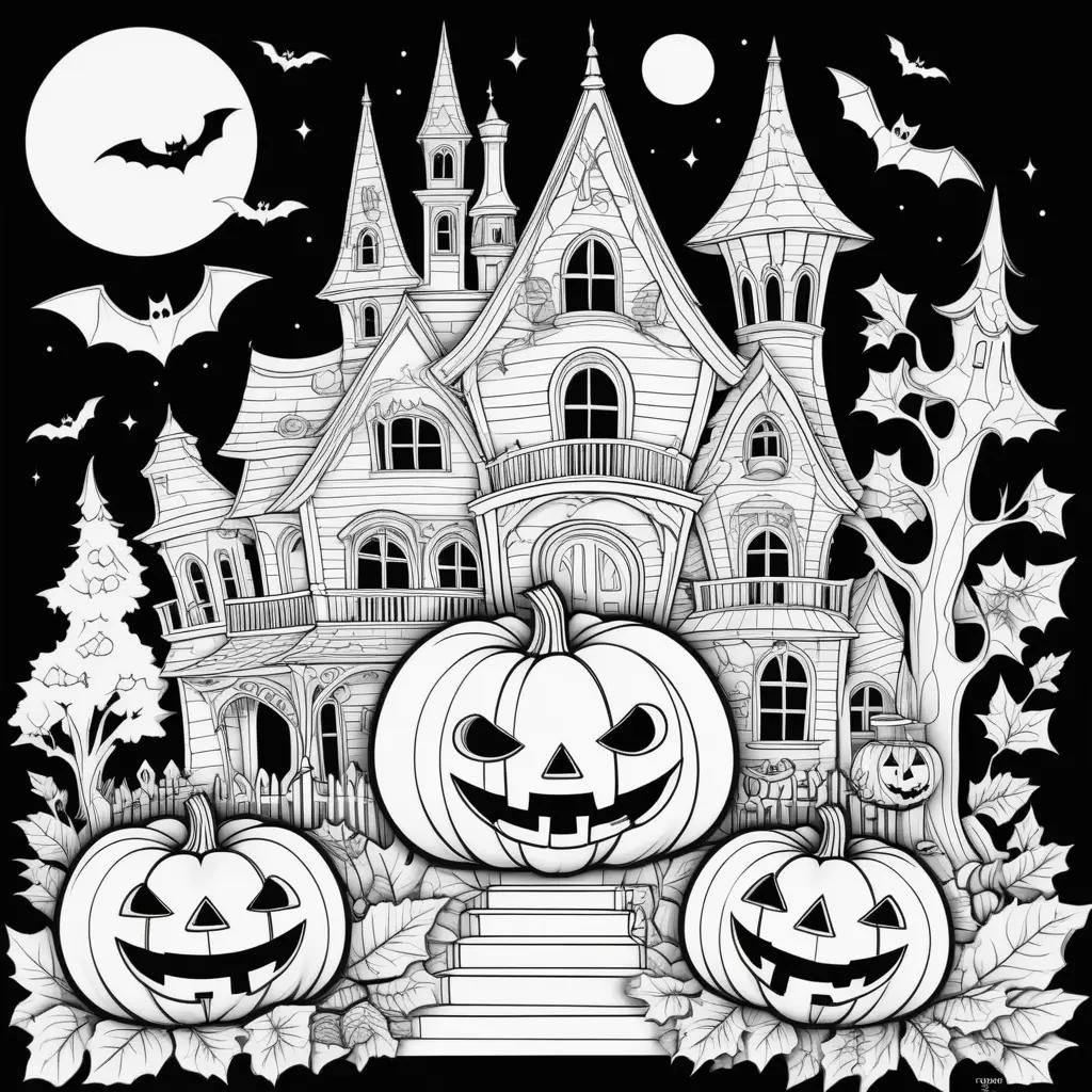 Black and white free halloween coloring pages with pumpkins and a castle