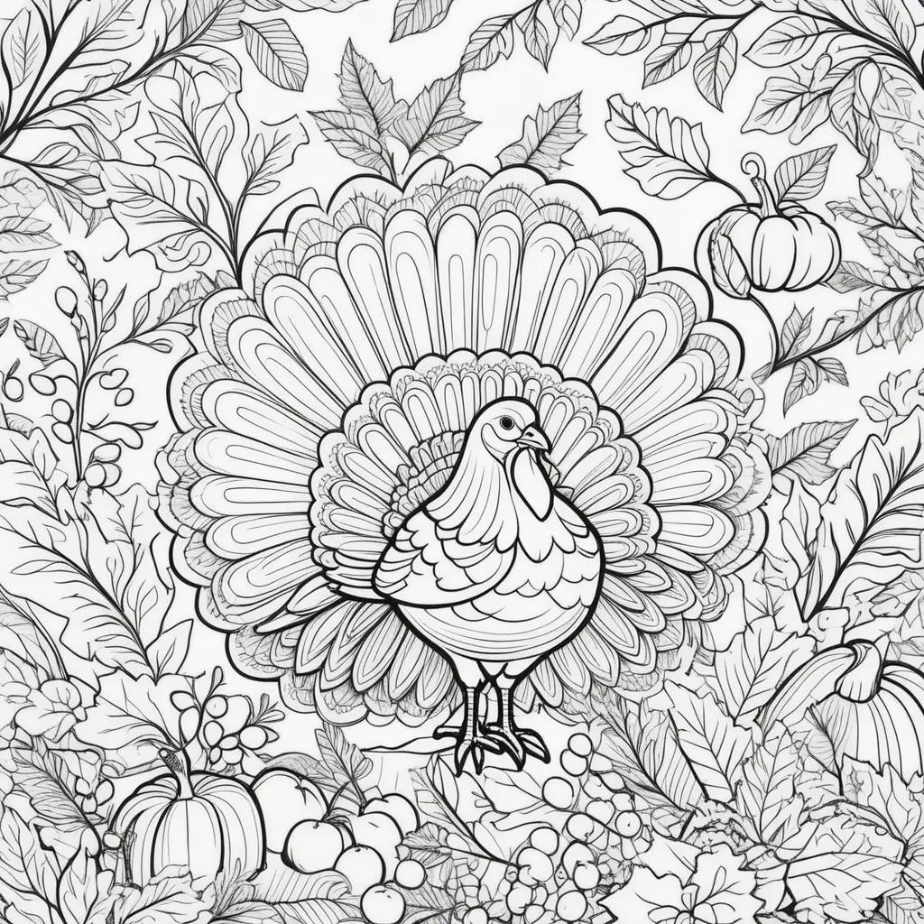 Black and white free printable Thanksgiving coloring pages featuring a turkey and pumpkins