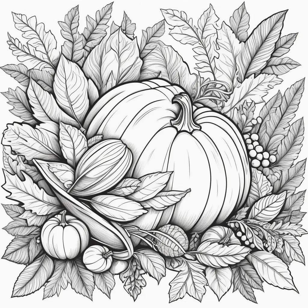 Black and white free printable coloring pages of pumpkins and leaves