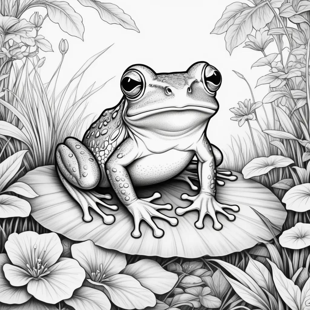 Black and white frog coloring page with flowers