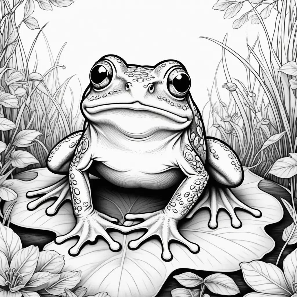 Black and white frog coloring page with flowers in the background