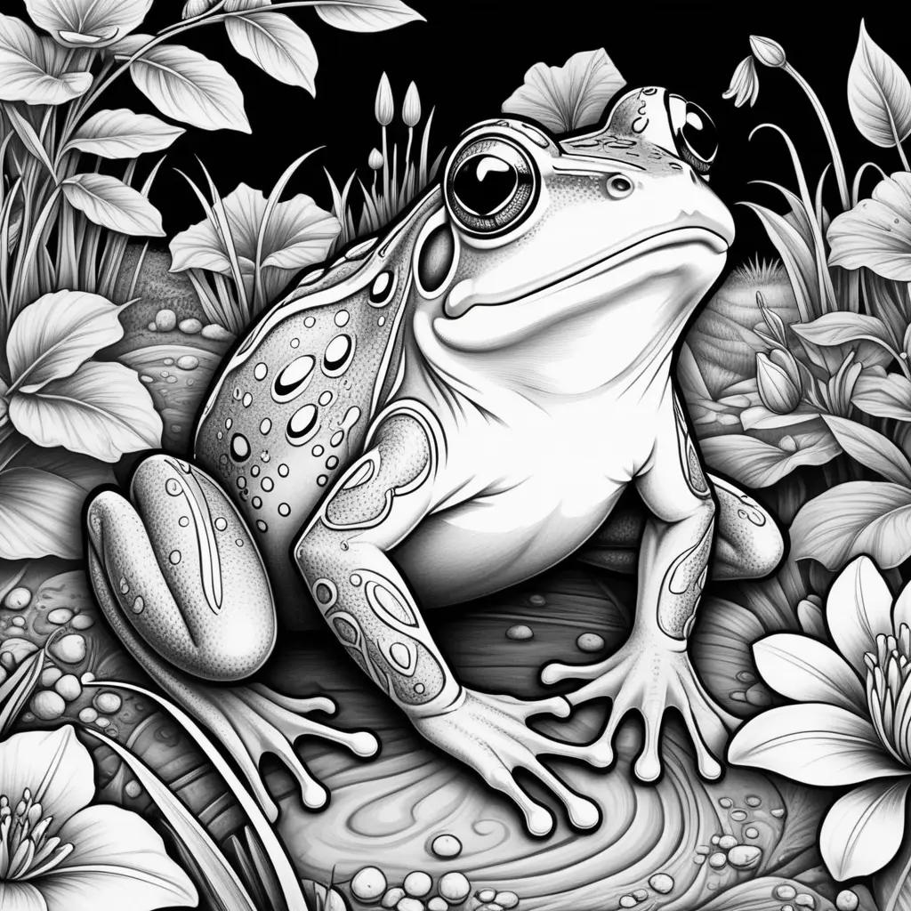 Black and white frog coloring page with flowers