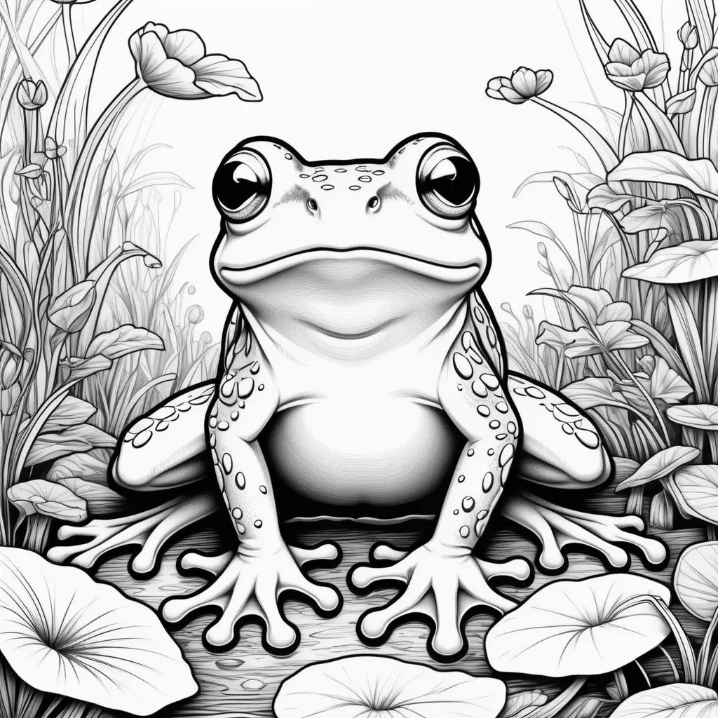 Black and white frog coloring page with flowers