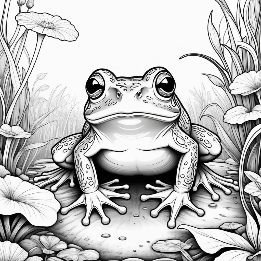 Black and white frog coloring page with green grass and flowers