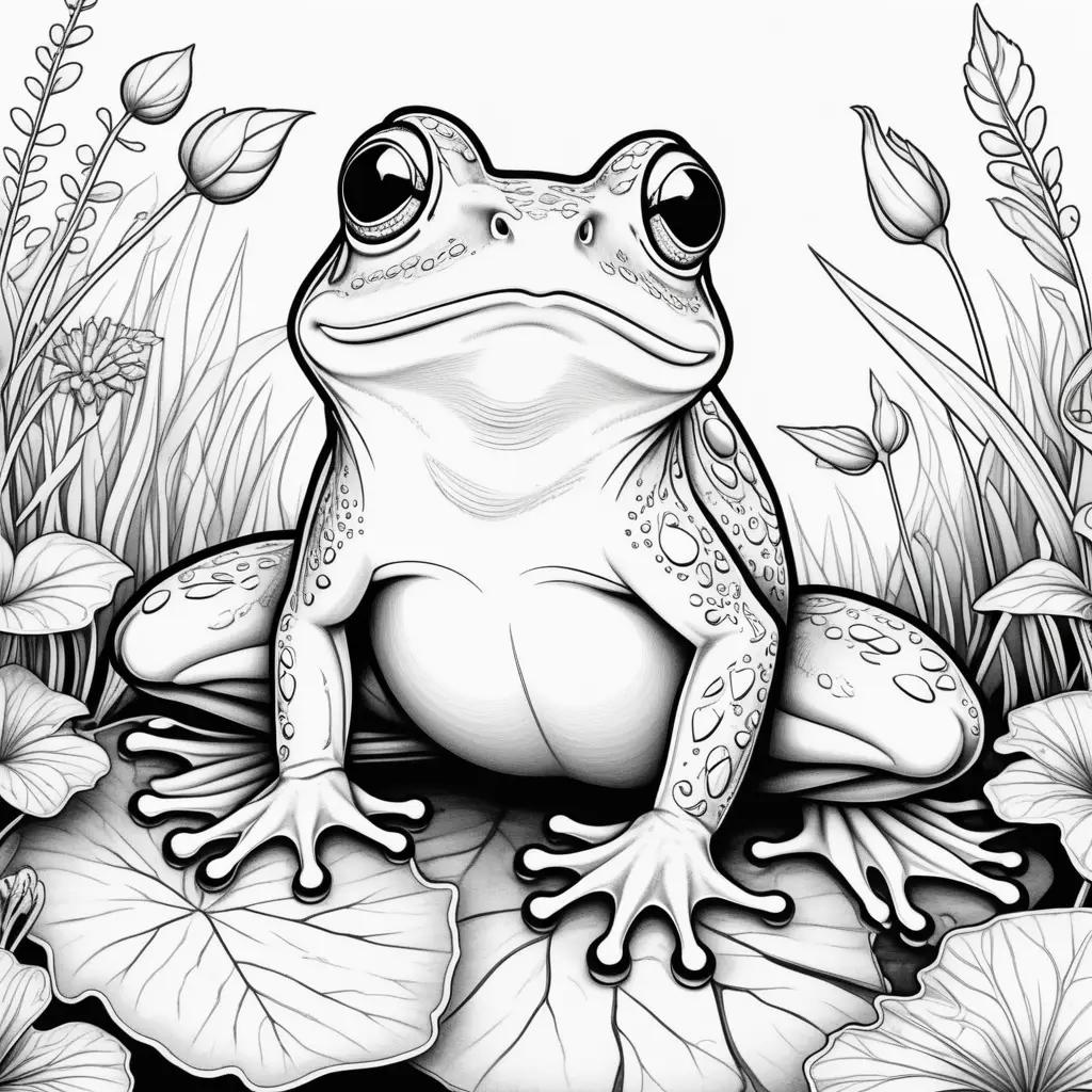 Black and white frog coloring page with leaves and flowers