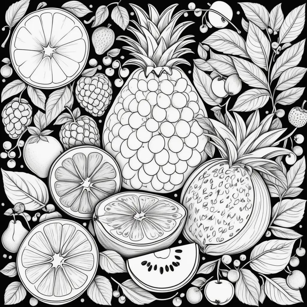 Black and white fruit coloring pages featuring a variety of fruits