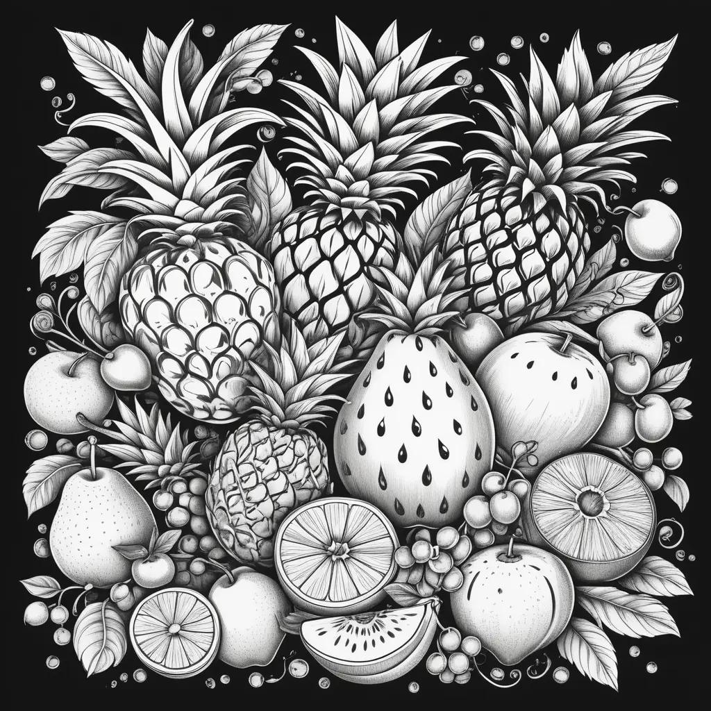 Black and white fruit coloring pages featuring strawberries, lemons, and pineapples