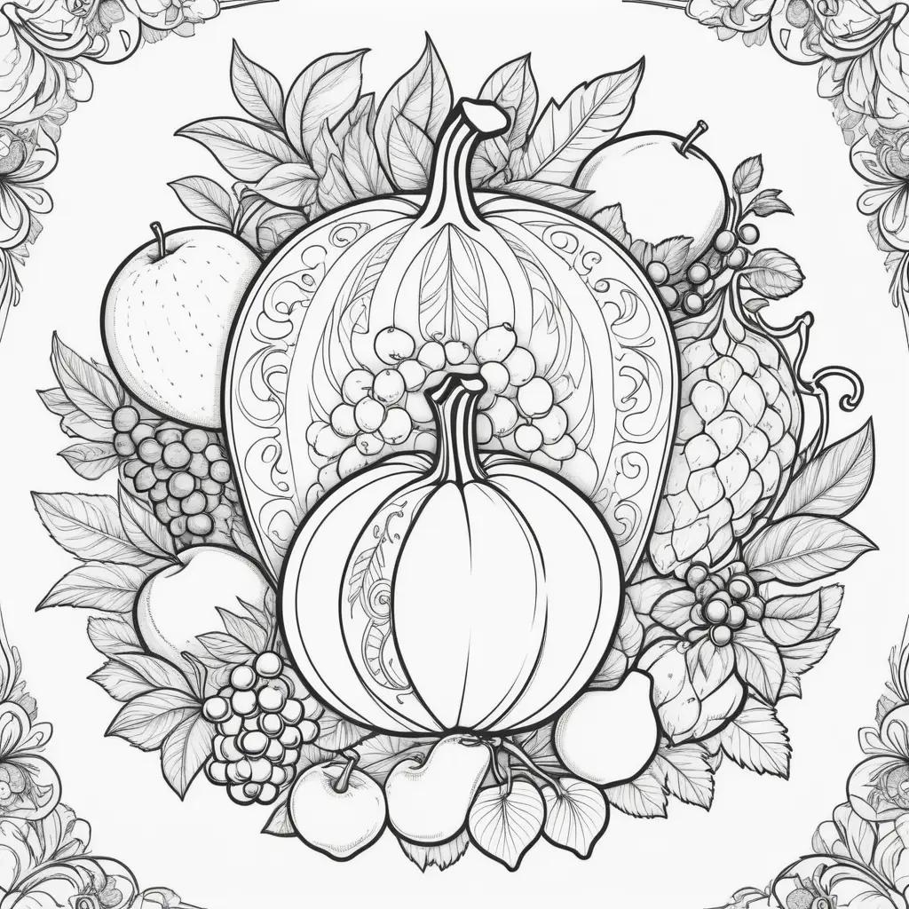 Black and white fruit of the spirit coloring page with grapes, apples, and pumpkins