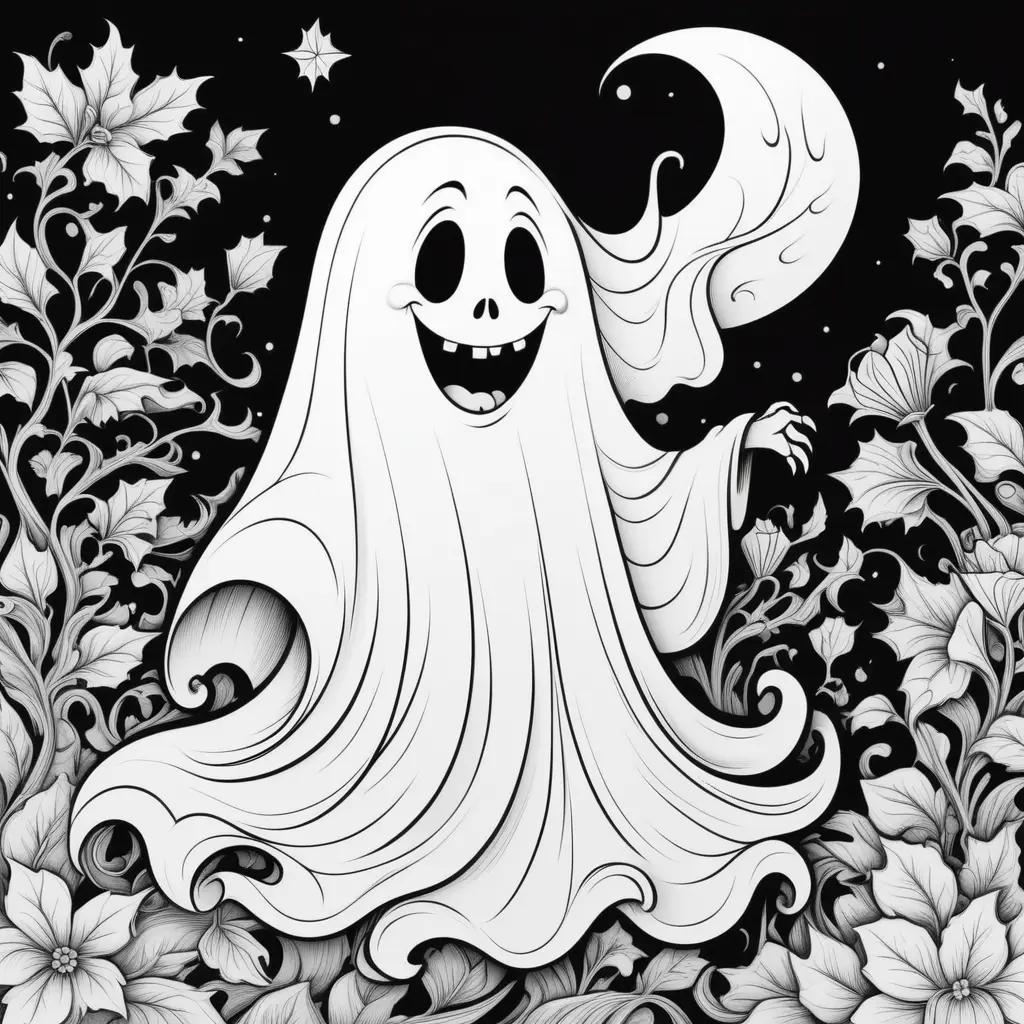 Black and white ghost coloring page with stars and flowers