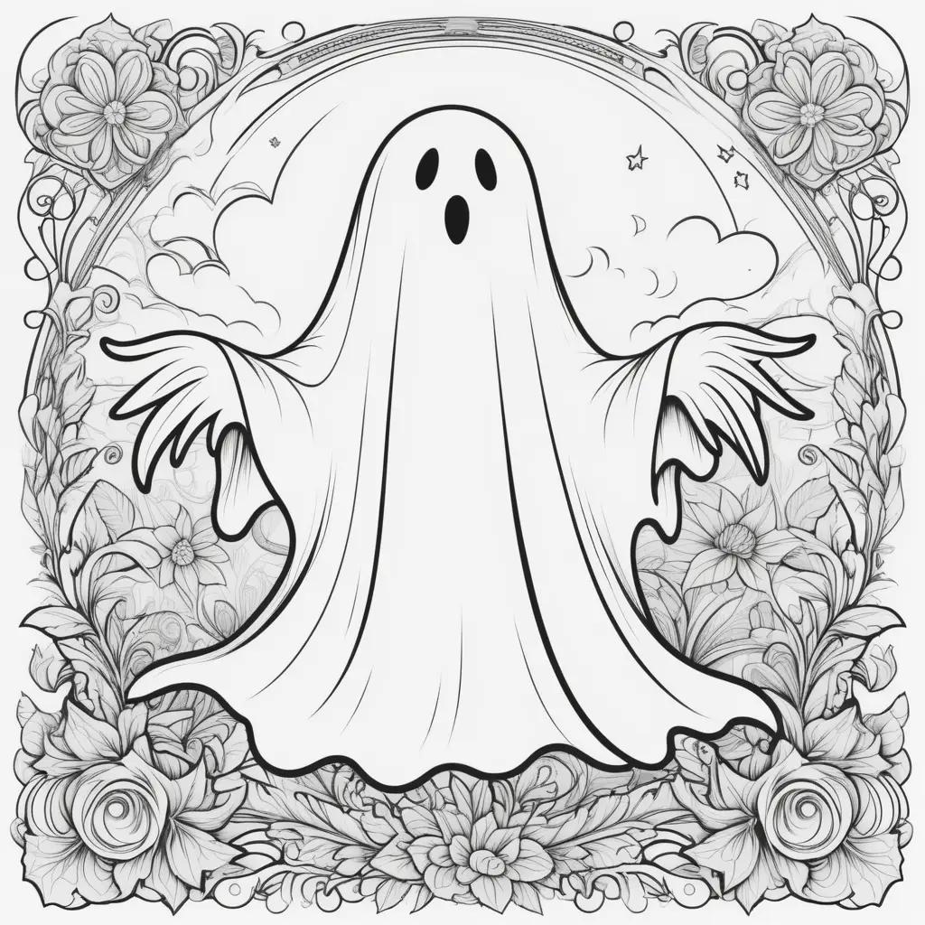 Black and white ghost coloring pages with flowers