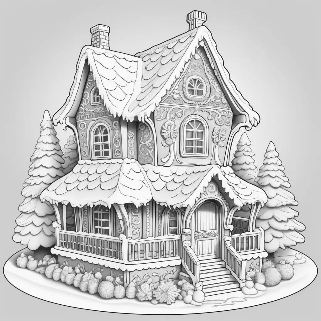 Black and white gingerbread house coloring page with Christmas trees