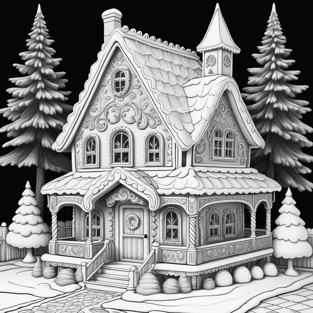 Black and white gingerbread house with a church steeple