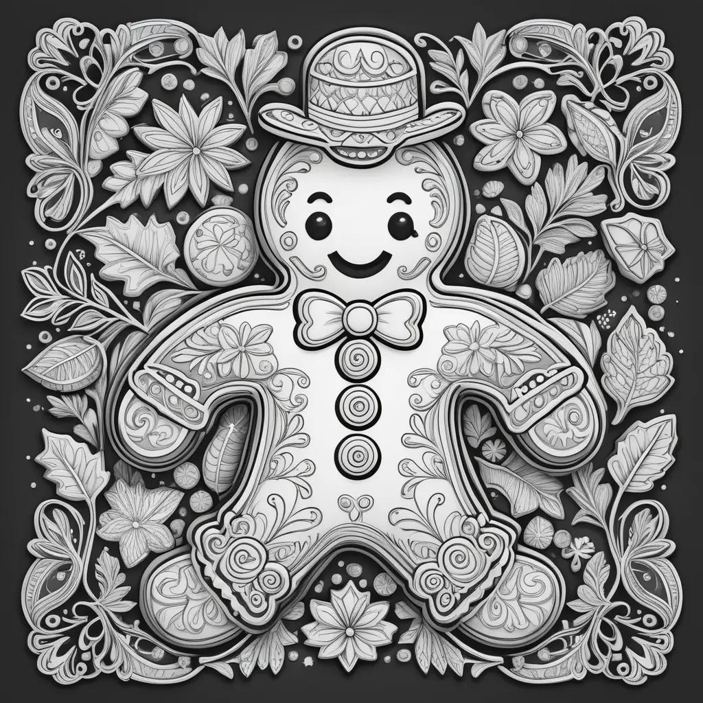 Black and white gingerbread man coloring page with flowers