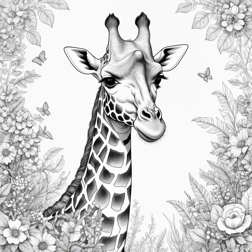 Black and white giraffe in a flower garden