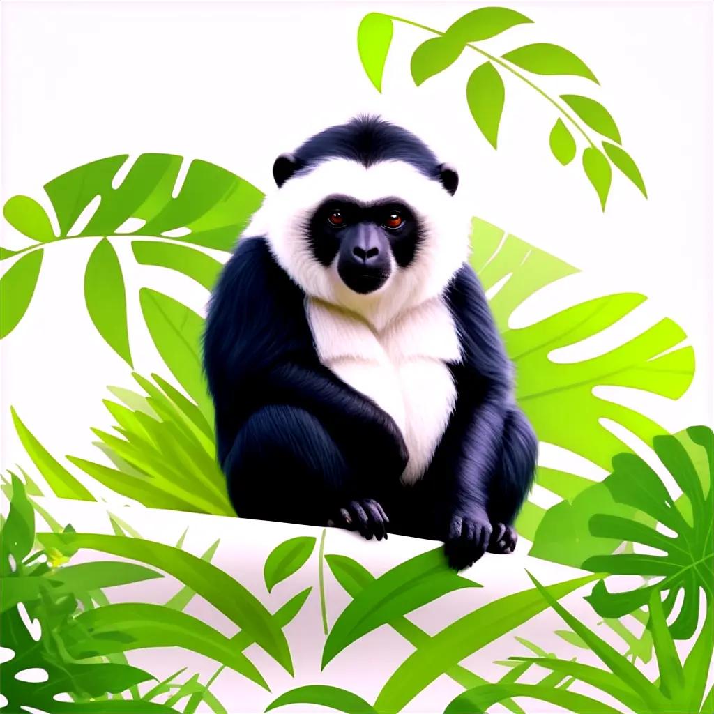 Black and white glorilla monkey sitting on green leaves