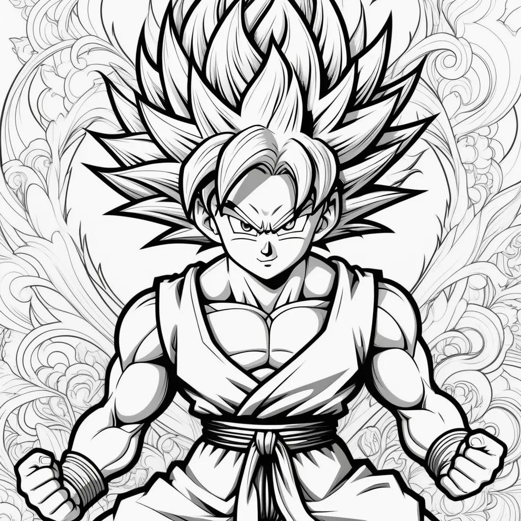 Black and white goku coloring page with a swirl design