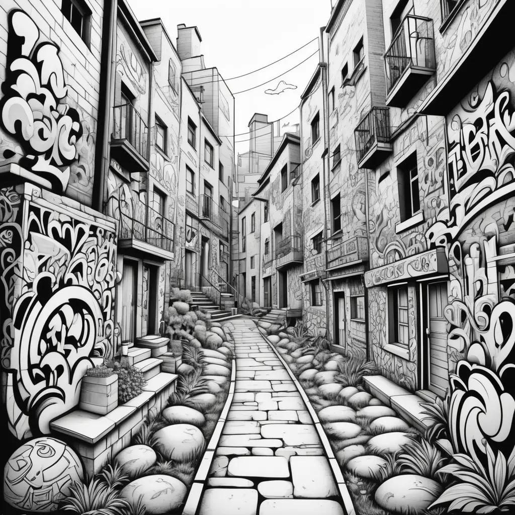 Black and white graffiti street scene with coloring pages