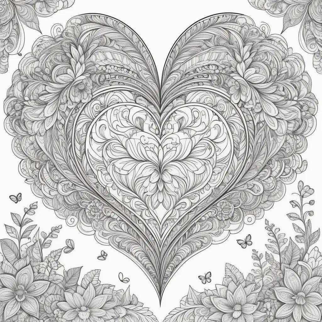 Black and white heart with butterflies and flowers