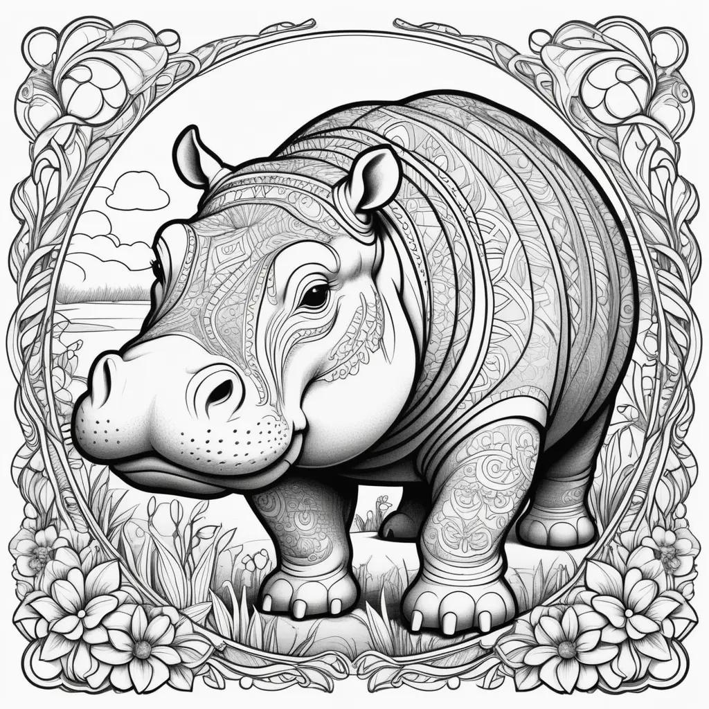 Black and white hippo coloring page with a circle border