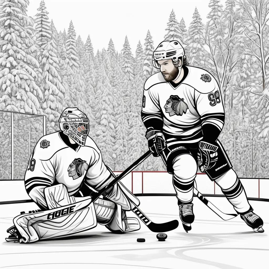 Black and white hockey coloring pages show players and a goalie