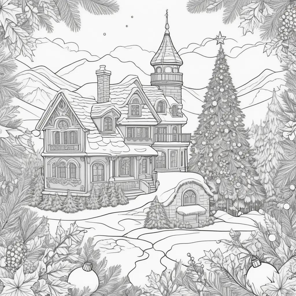 Black and white holiday coloring pages with a house and a tree