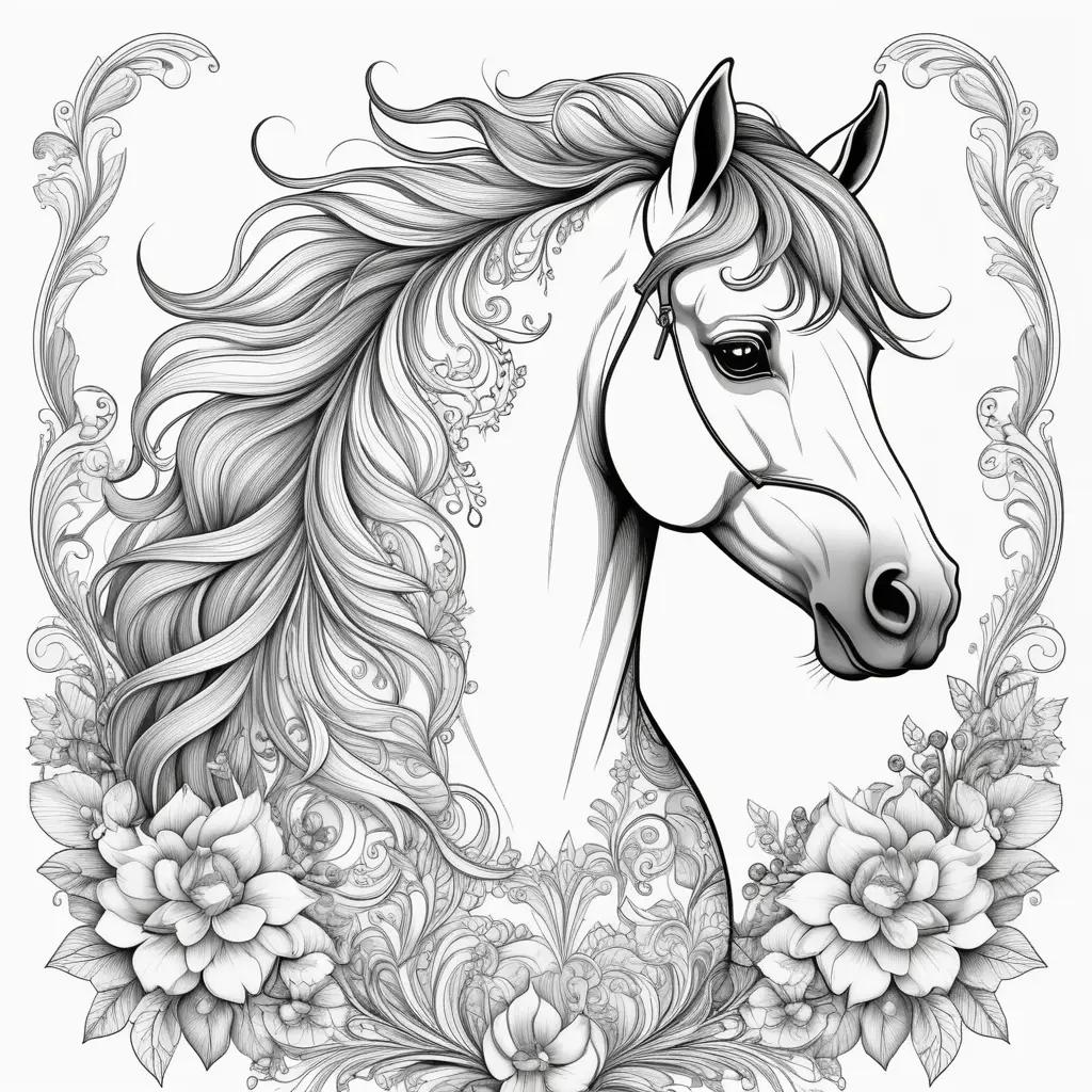 花の境界線と黒と白の馬のカラーページ