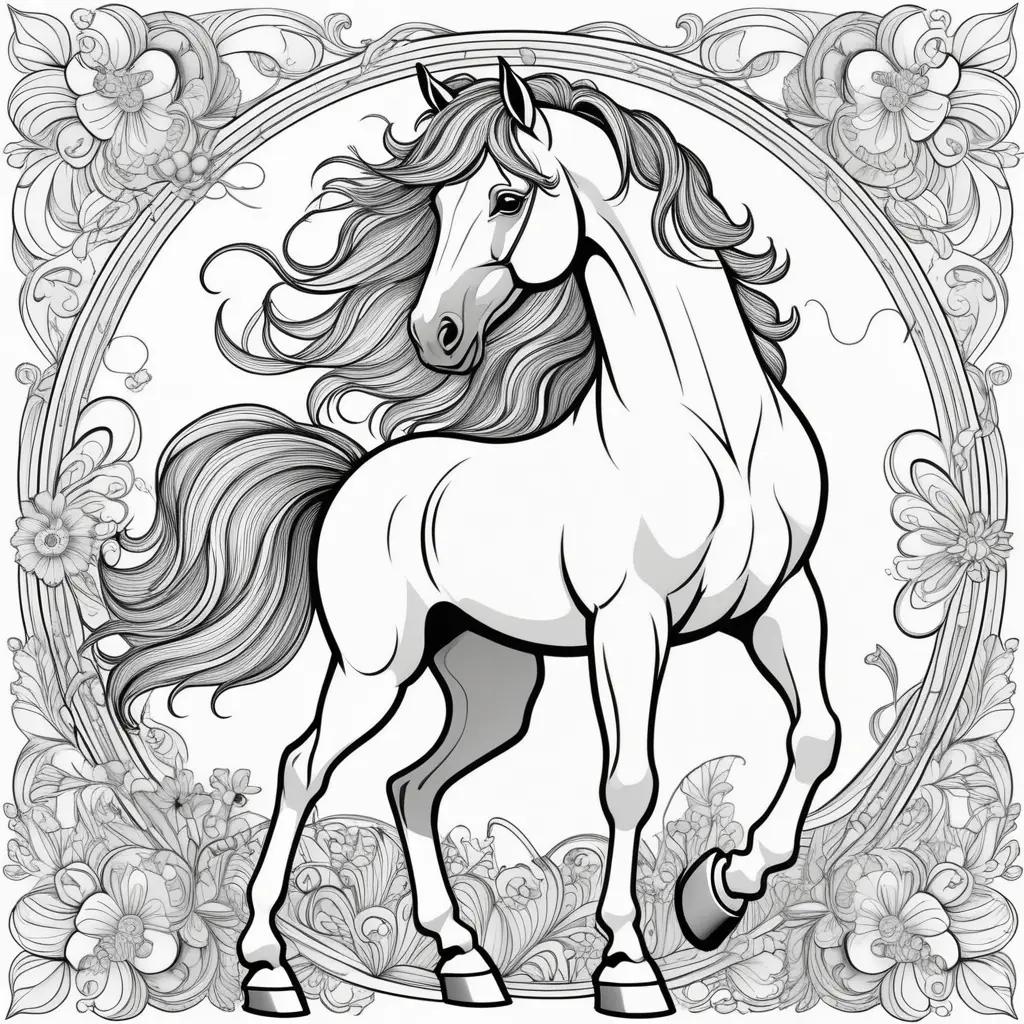 Black and white horse coloring page with flower design