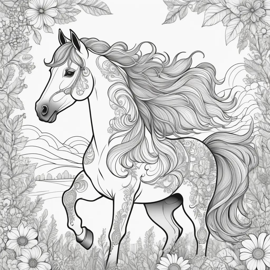 Black and white horse coloring page with flowers