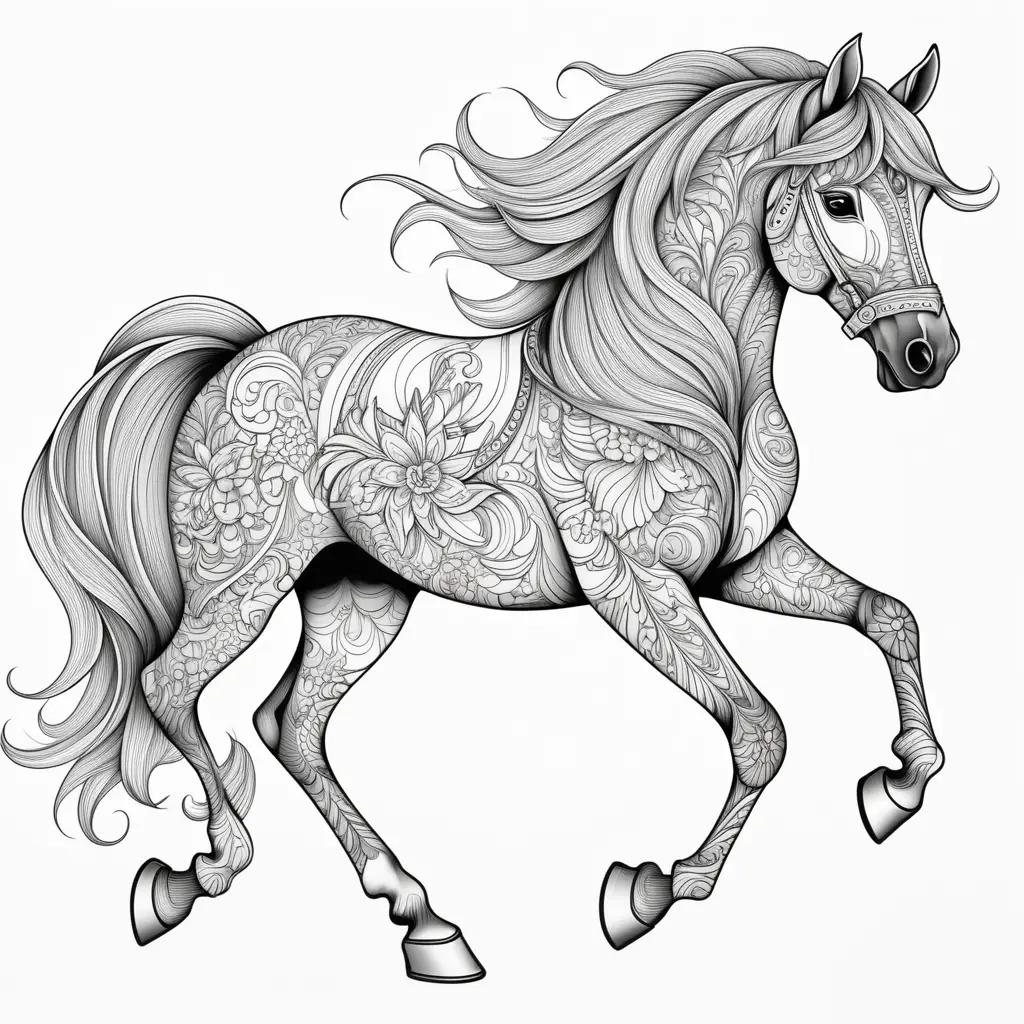 Black and white horse coloring page with intricate designs