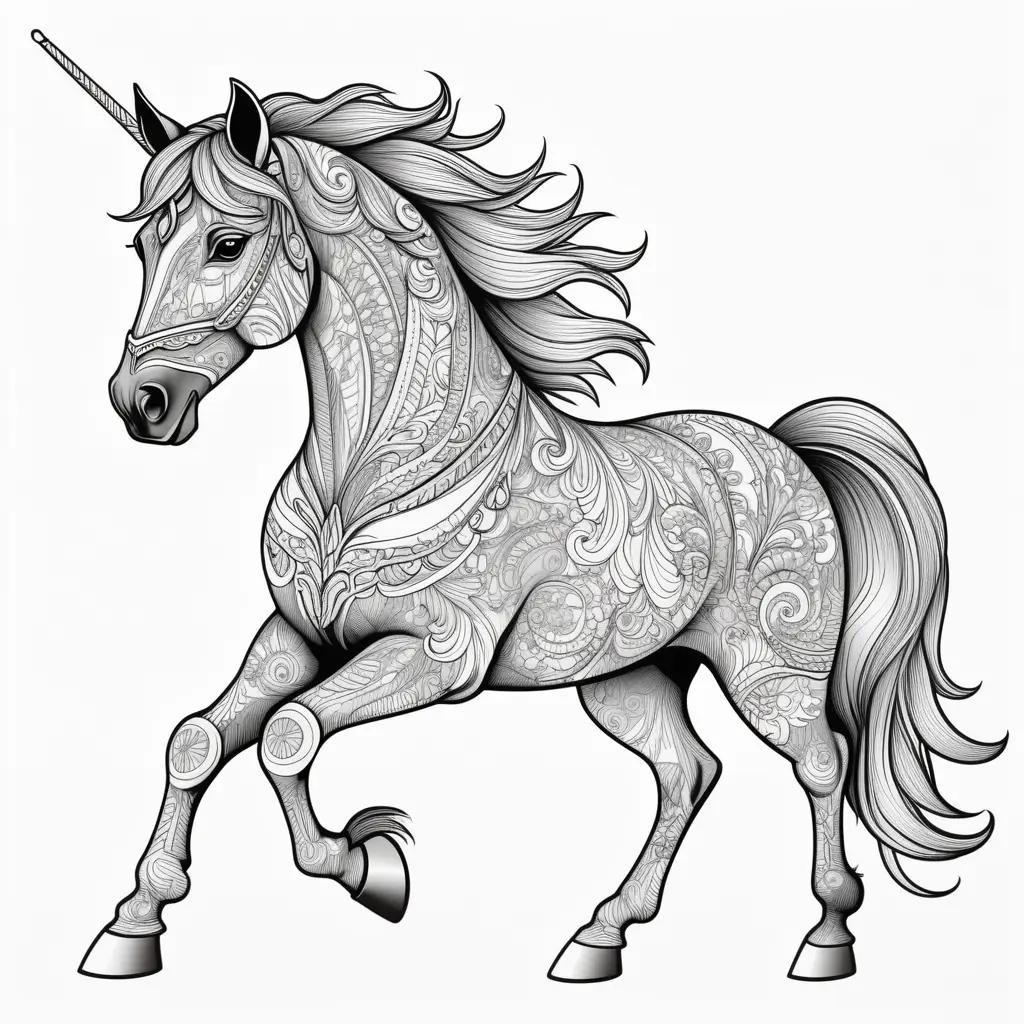 Black and white horse coloring page with intricate patterns