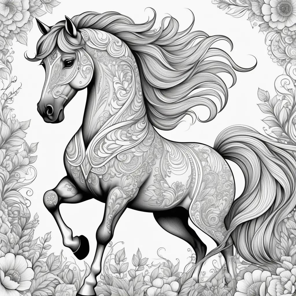 華やかな模様の黒と白の馬の絵