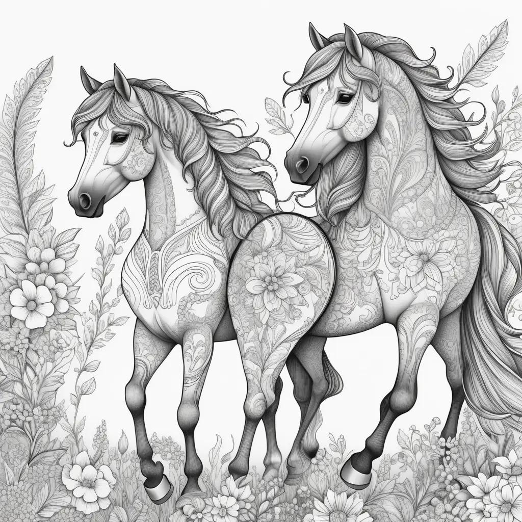 Black and white horses coloring pages with flowers