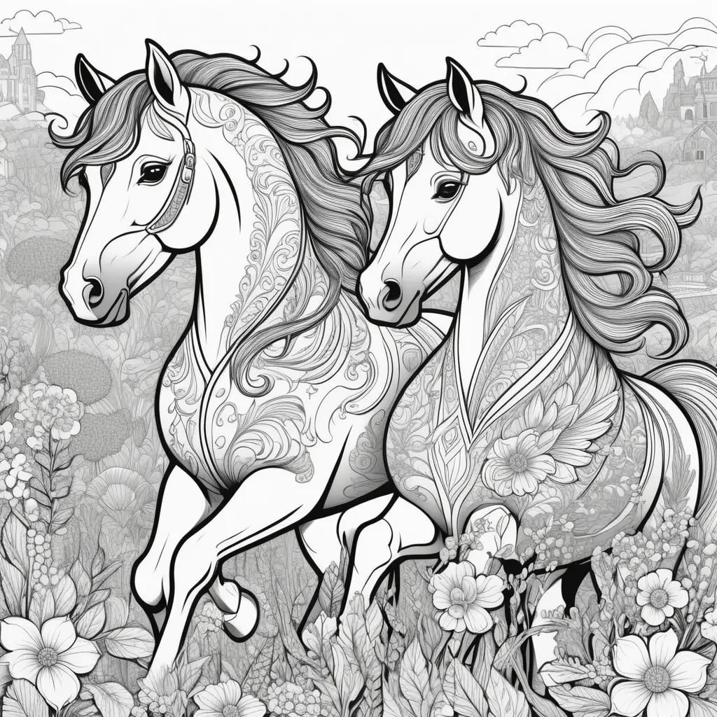 Black and white horses run through a floral field