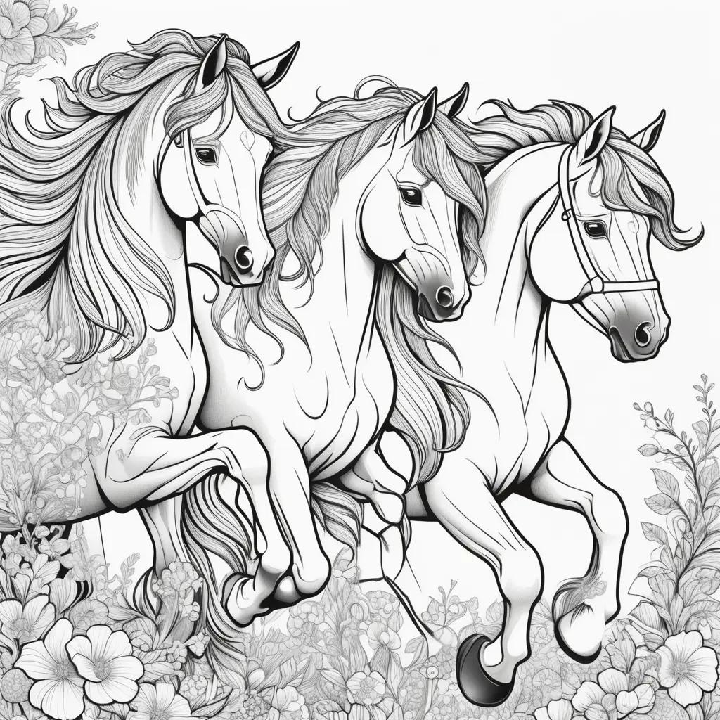 Black and white horses running in a flower garden