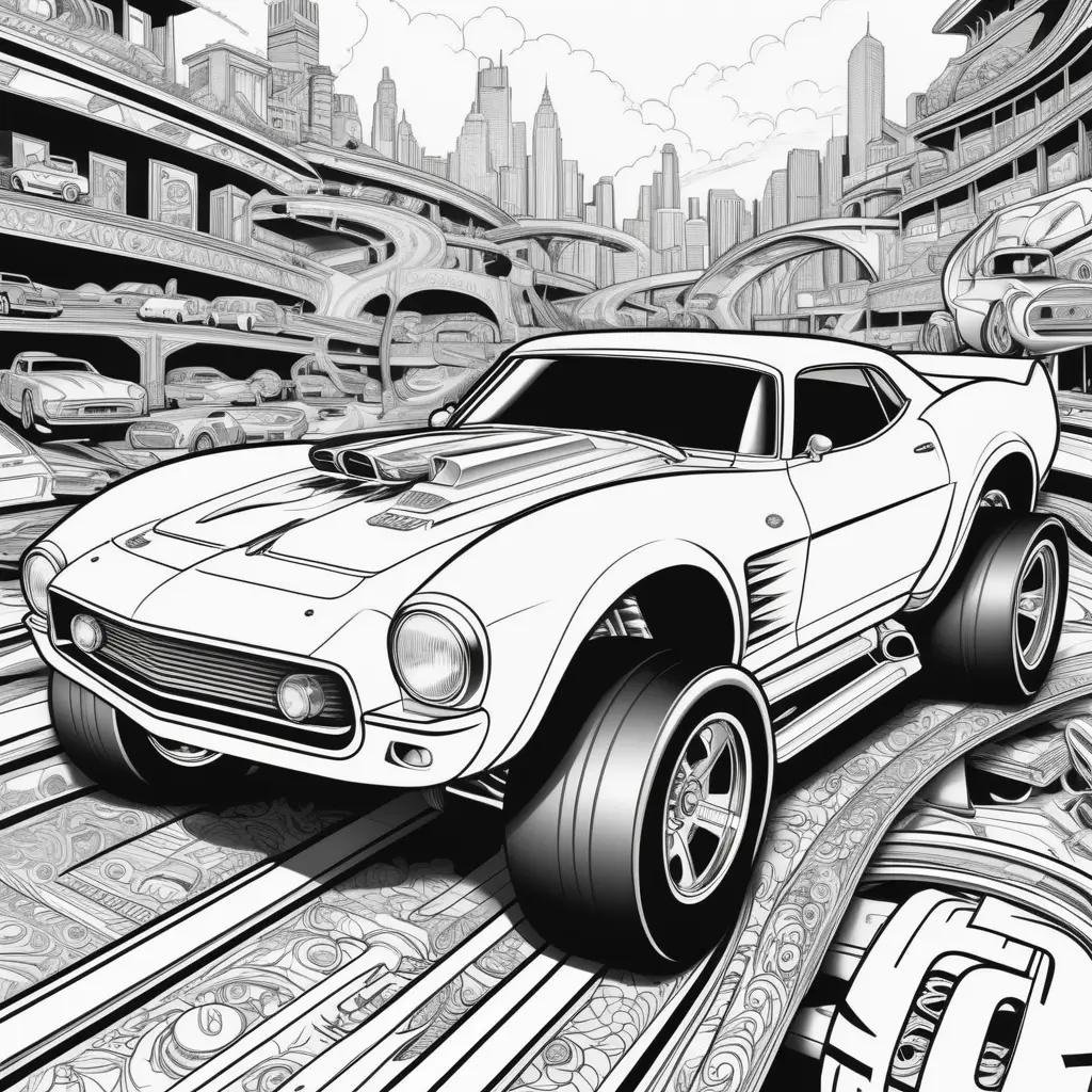 Black and white hot wheels coloring page with a car on a track