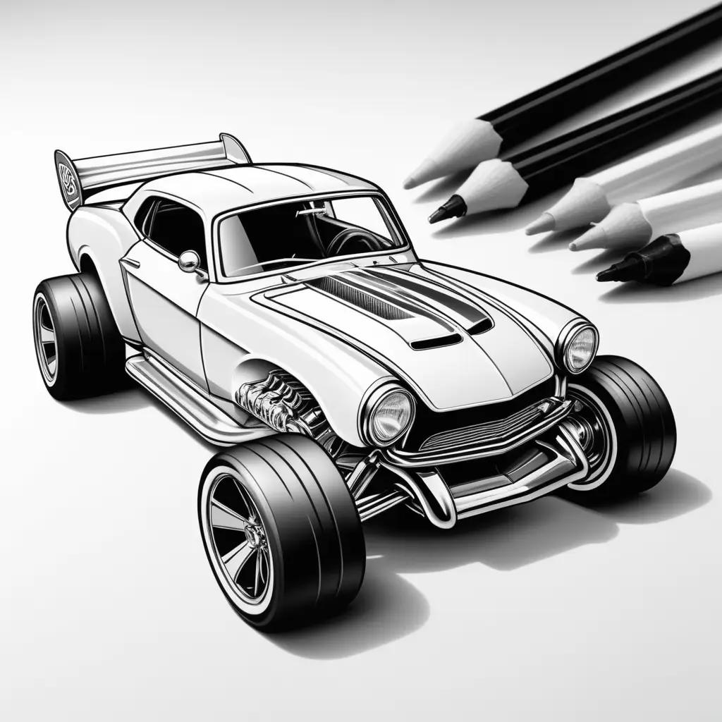 Black and white hot wheels coloring pages, with a car and pencils