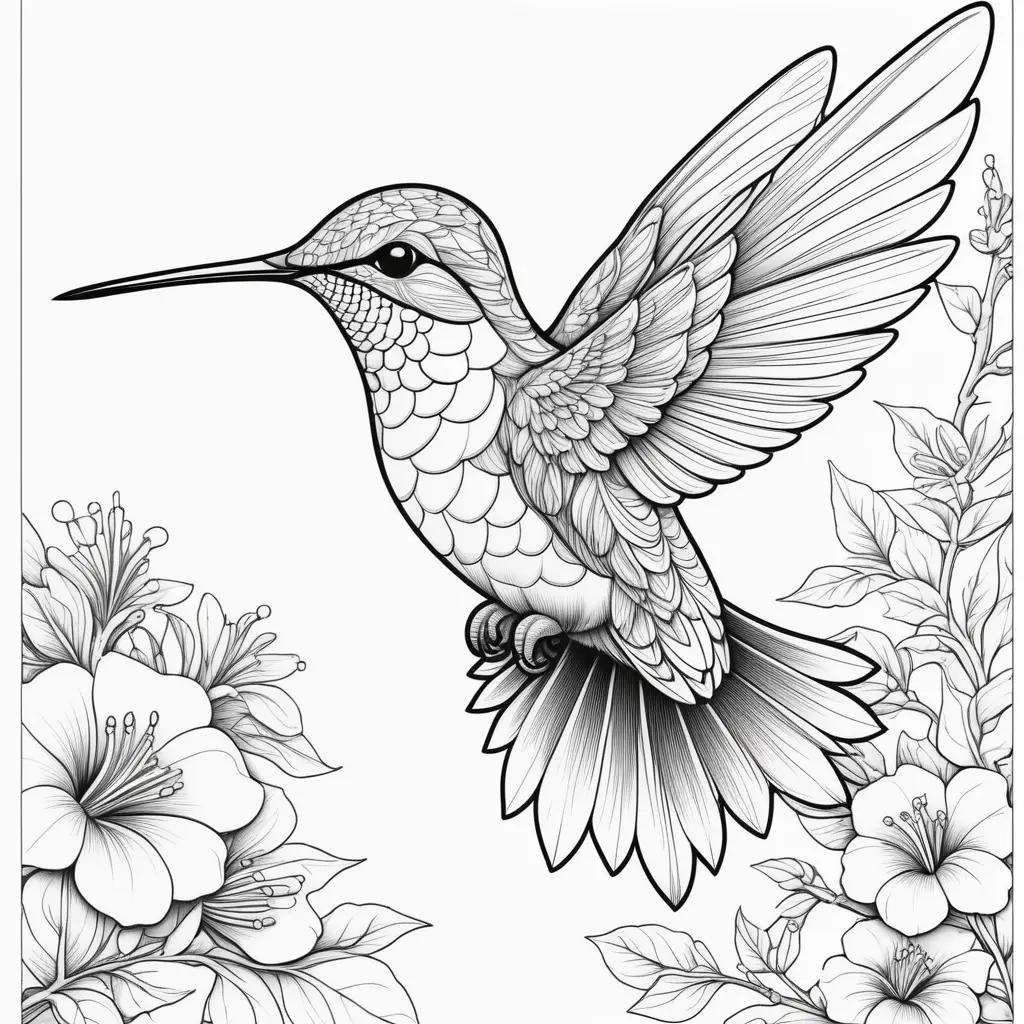 Black and white hummingbird coloring page with flowers