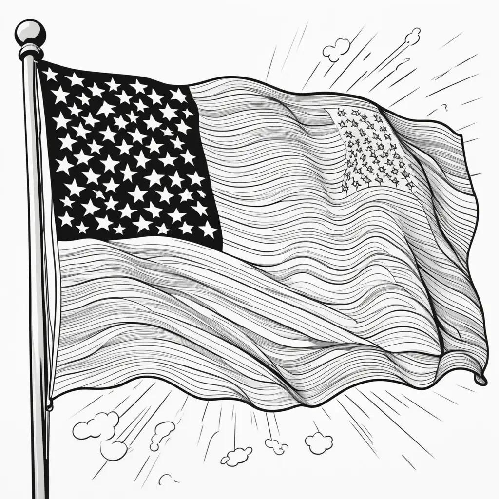 Black and white illustration of American flag waving in the wind