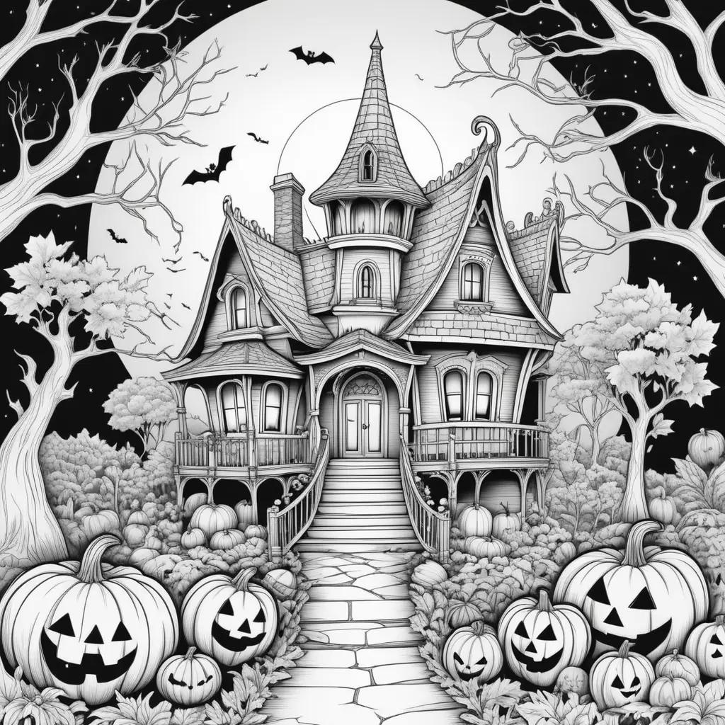 Black and white illustration of Halloween house with pumpkins