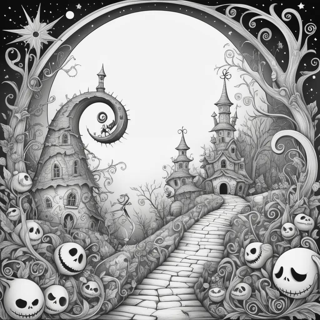 Black and white illustration of Jack Skellington and other characters