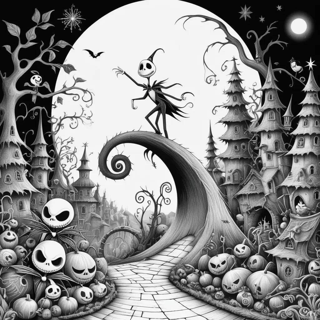 Black and white illustration of Jack Skellington in a Halloween village