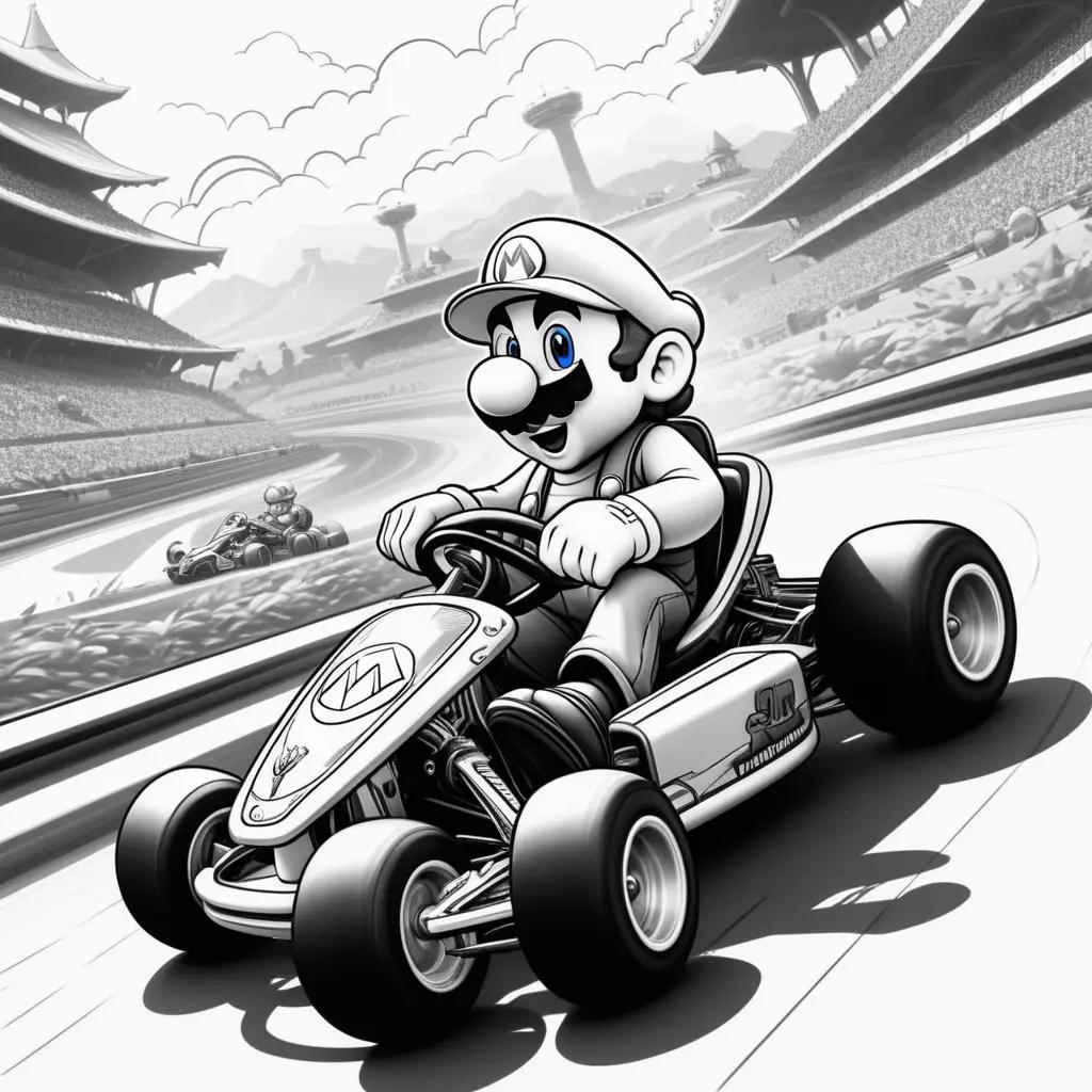 Black and white illustration of Mario Kart racing car