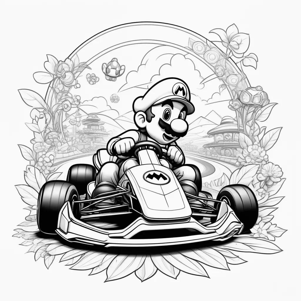 Black and white illustration of Mario Kart with flower border