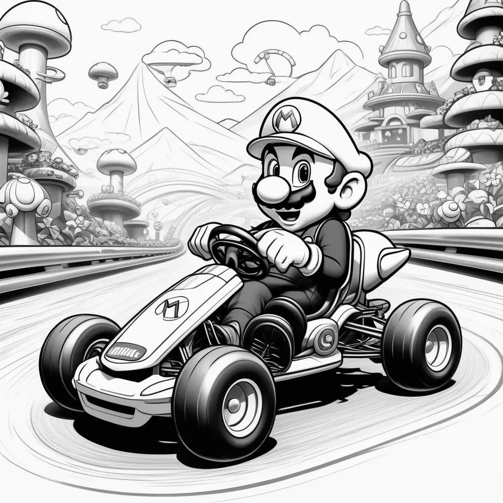 Black and white illustration of Mario racing in a colorful kart