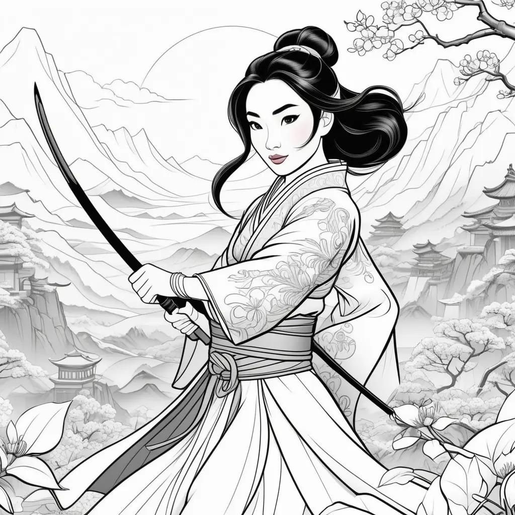 Black and white illustration of Mulan holding a sword