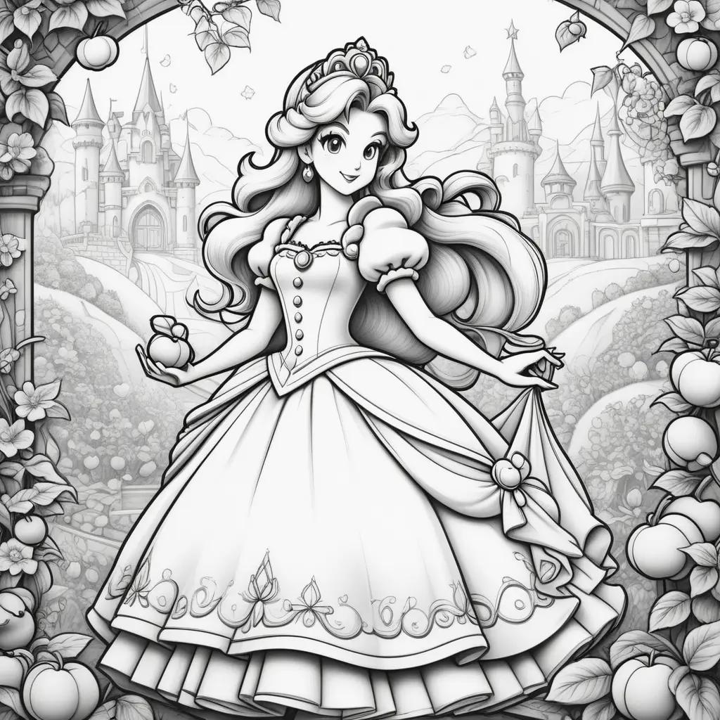 Black and white illustration of Princess Peach holding an apple