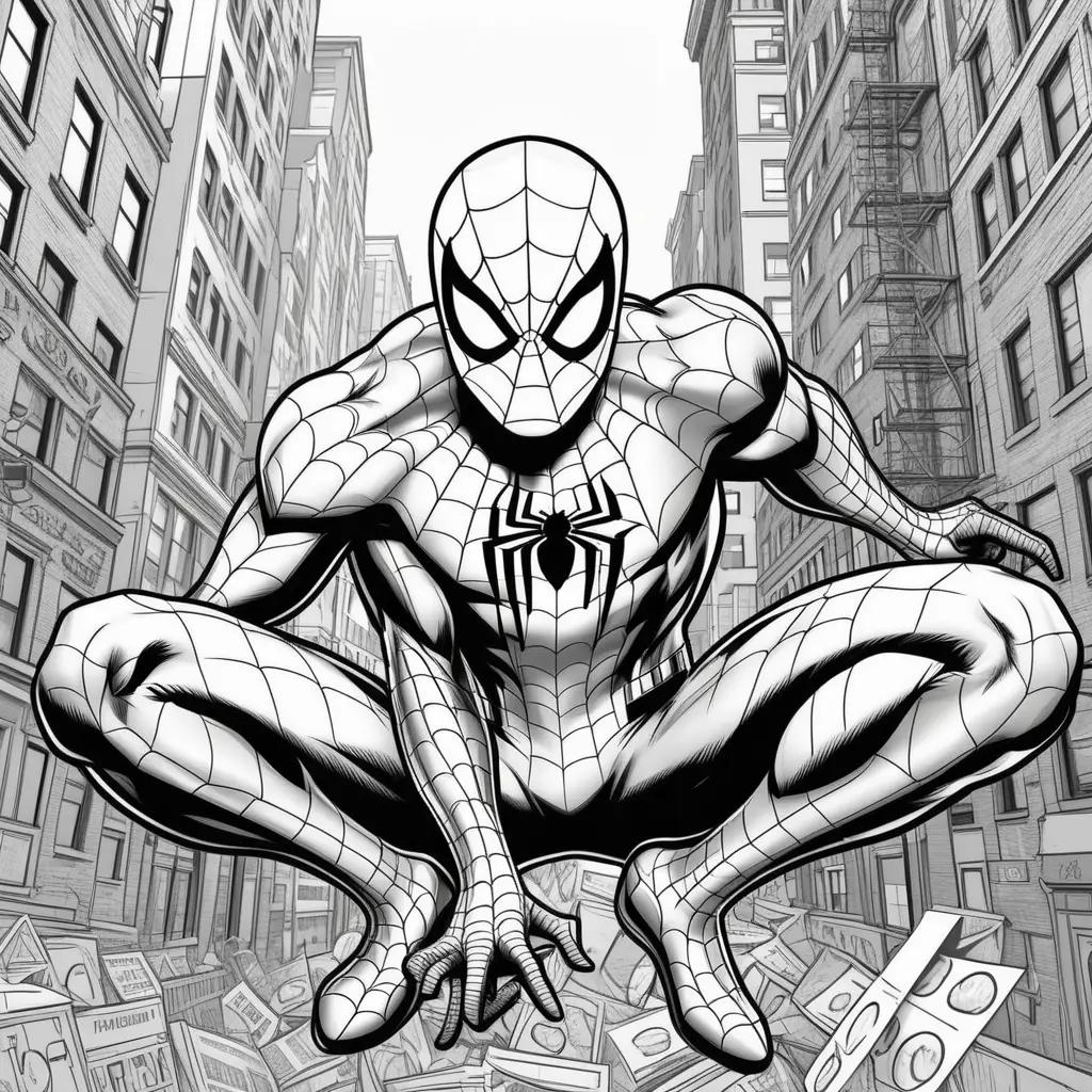 Black and white illustration of Spiderman