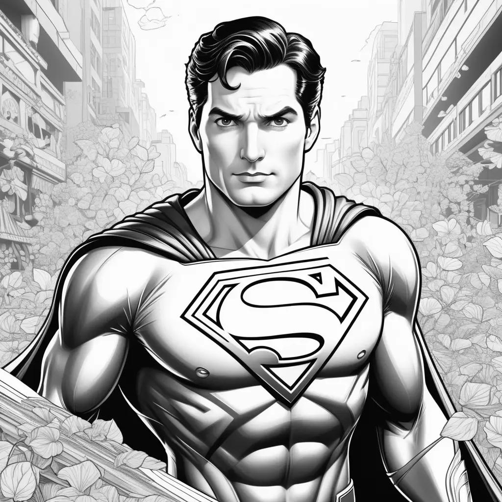 Black and white illustration of Superman on the cover of a coloring book