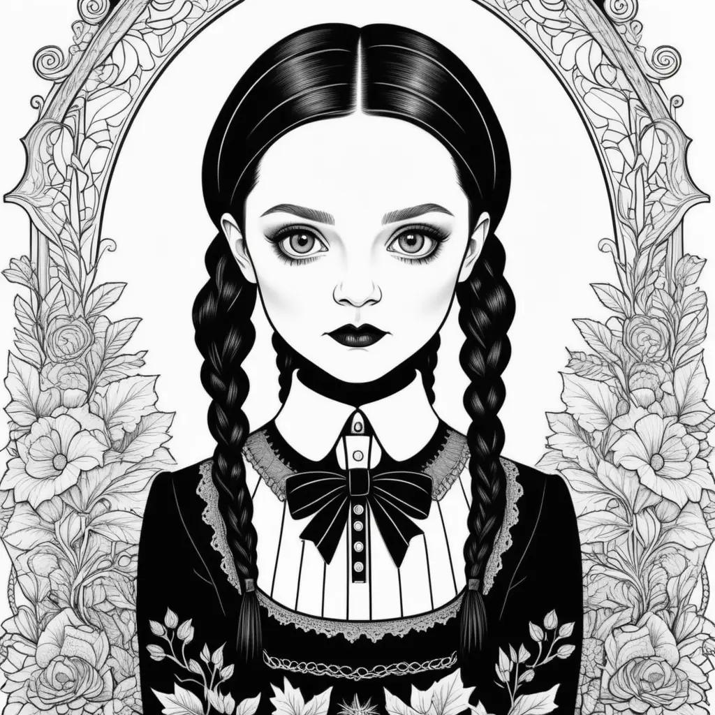 Black and white illustration of Wednesday Addams