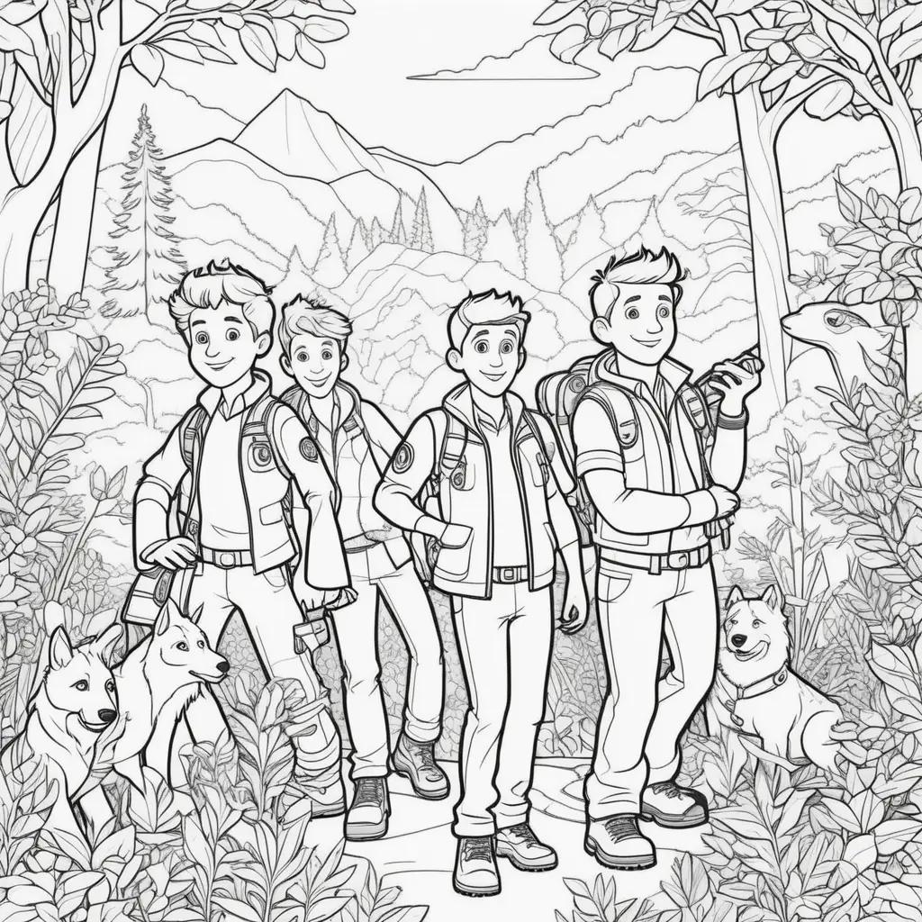 Black and white illustration of Wild Kratts characters in a forest